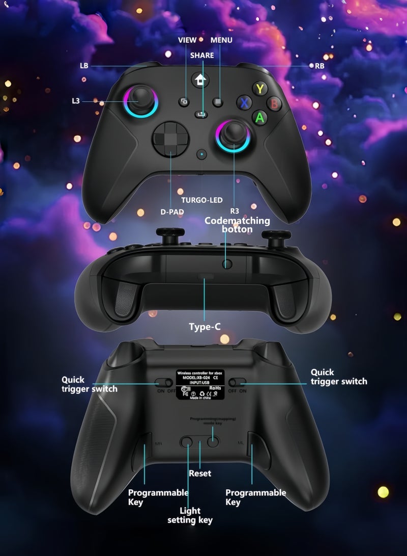 كول رابي وحدة تحكم لاسلكية بتردد 2.4 جيجاهرتز مع إضاءة RGB بسبعة ألوان لأجهزة Xbox One و Xbox Series X/S و Xbox One X/S والكمبيوتر الشخصي و Steam، مزودة بعصا تحكم بتقنية تأثير هول، وبطارية بسعة 800 مللي أمبير/ساعة، ووظيفة اهتزاز مزدوج، ووظيفة توربو، وإمكانية البرمجة، ومنفذ صوت 3.5 ملم (أسود كلاسيكي). - Image 5